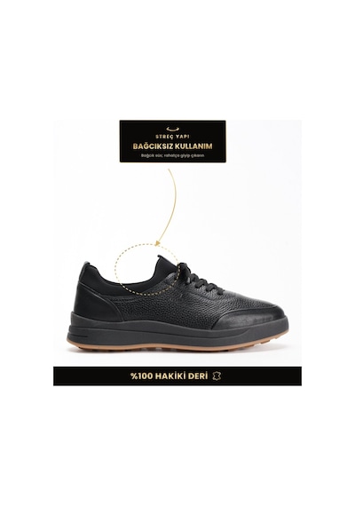 Fame Step Hakiki Deri Erkek Yürüyüş Ayakkabısı Casual Comfort Streç Yapı Bağcıksız Kullanım Ortopedik Günlük Rahat Taban Siyah Sneaker Napoli