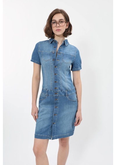 Banny Jeans Kadın Boydan Düğmeli Jean Elbise Mavi