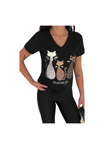 Cassime Kadın Siyah V Yaka 3 Kedi Pul Payet İşlemeli %100 Pamuk Büyük Beden Tişört Xl-2xl-3xl Cassime Kadın Siyah V Yaka 3 Kedi Pul Payet İşlemeli %100 Pamuk Büyük Beden Tişört Xl-2xl-3xl