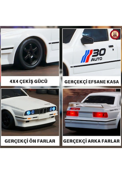 Oyuncak Bmw E30 Drift Araba 4x4 Uzaktan Kumandalı Araba 2.4ghz Şarjlı Led Işıklı 15 Km Hız Araba Beyaz