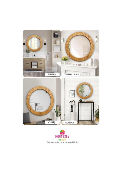 Safir Ahşap Dekoratif Ayna Yuvarlak Ayna Işlemeli Ahşap Duvar Aynası - 43 Cm Ceviz