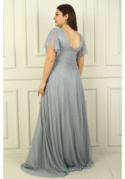 By Saygı Kadın Ön Arka V Yaka Beli Taş İşlemeli Astarlı Simli Büyük Beden Abiye Elbise Gri