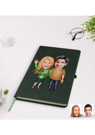 Kişiye Özel Sevgililer Karikatürlü Yeşil Termo Deri Defter Model N11.235
