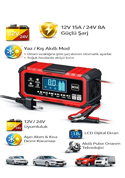 24v/8a 12v/15a Akıllı Akü Şarj Ve Onarım Cihazı Yaz Kış Modlu Lcd Ekranlı Start Stop