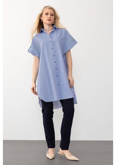 Olcay Yandan Yırtmaçlı Çizgili Poplin Tunik Mavi 9283