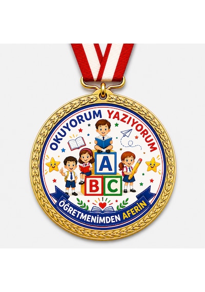 Okuyorum Yazıyorum Öğretmenimden Aferin Madalyası - Dijital Baskılı 1. Kalite Madalya Altın