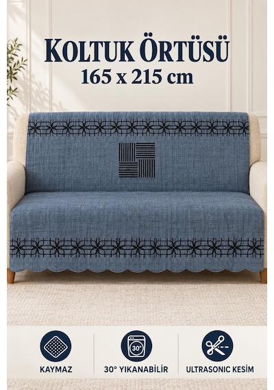 Çok Amaçlı Kadife Koltuk Örtüsü Kaymaz Süngerli 165x215 Cm Modern Bohem Çekyat Şalı Piknik Masa Örtüsü Alk3 lacivert