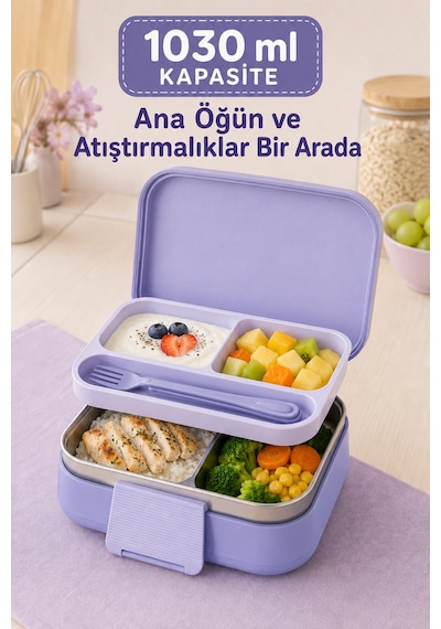 Happi Deniz Kızı Paslanmaz Çelik Bölmeli Beslenme Kutusu 1030 Ml Çatal Kaşık Dahil Mor