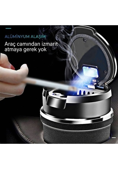 Oto Küllük Bardaklık Uyumlu Mavi Led Işıklı Koku Sızdırmaz Kapaklı Araç İçi Küllük Gold Detaylı Universal