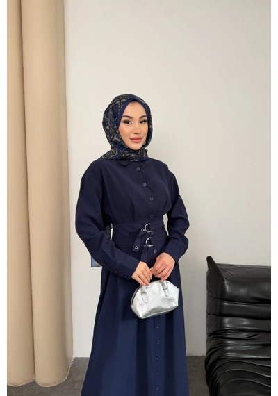 Mihran Butik Valeno Model Coupra Model Kumaş Kemer Detaylı Elbise Lacivert