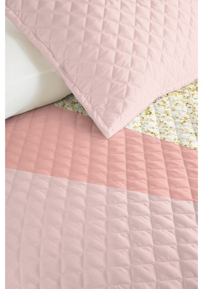 Pastel Geometrik Pembe Genç Kız Odası Tek Kişilik Pike Takımı - Zigzag Mint 160x220 Cm Yatak Örtüsü Gri