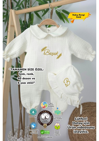 Gros Shop Müslin Yeni Doğan 4katlı Organik %100pamuk Kişiye Özgü Nakışlı Hastane Çıkış Seti-başak Model Ekru