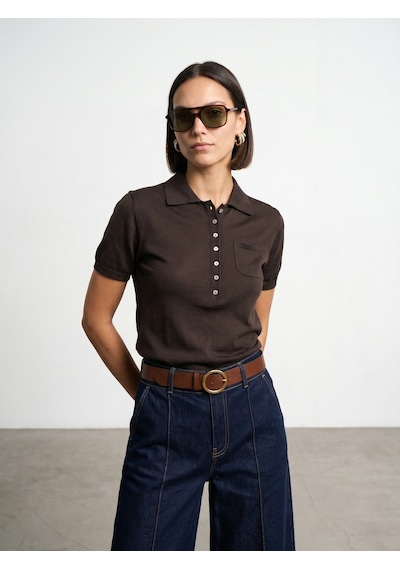 Dilvin 10874 Lyocell Karışımlı Polo Yaka Bluz-koyu Kahve