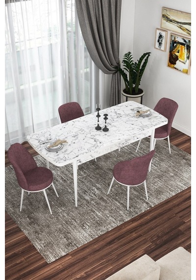 Canisa Kor Serisi 70x114 Açılabilir Mutfak Masası Takımı Beyaz Mermer Desen Masa 4 Krem Sandalye Masa Beyaz Mermer Desen Sandalyeler Gülkurusu