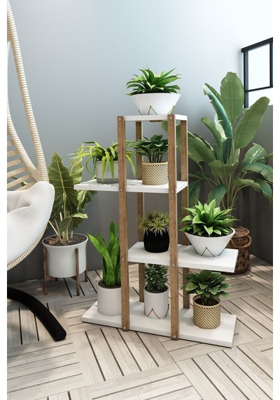 Beyaz 4 Katlı Ahşap Çiçeklik, Saksılık, Çiçek Standı, Dekoratif Raf - Çok Amaçlı Kullanım Beyaz - 636130923 Beyaz