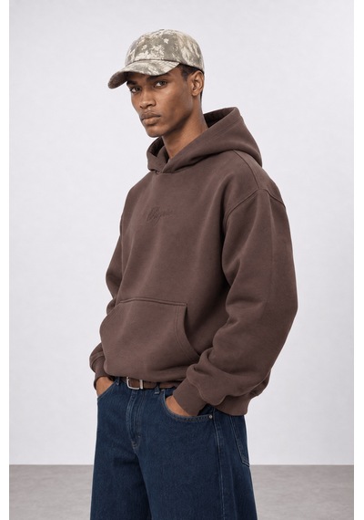 Respire Erkek Rosette Nakışlı Oversize Hoodie Kahve