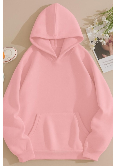 Benroma 3 İplik Penye Baskısız Ünisex Kapüşonlu Sweatshırt Pembe