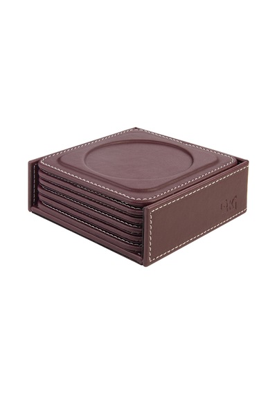 Bardak Altlığı,6 Lı Set,masaüstü Yuvarlak Cup Coaster,vegan Suni Deri,11x11 Cm.,bordo Bordo