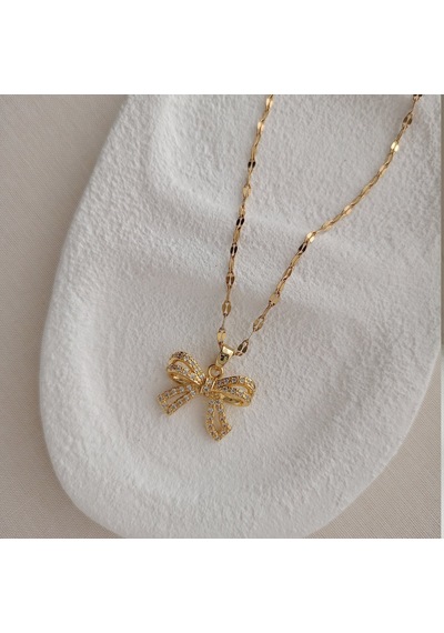Lente Aksesuar Çelik Kararmaz Zirkon Taşlı 14k Altın Rengi Fiyonk Kolye Gold