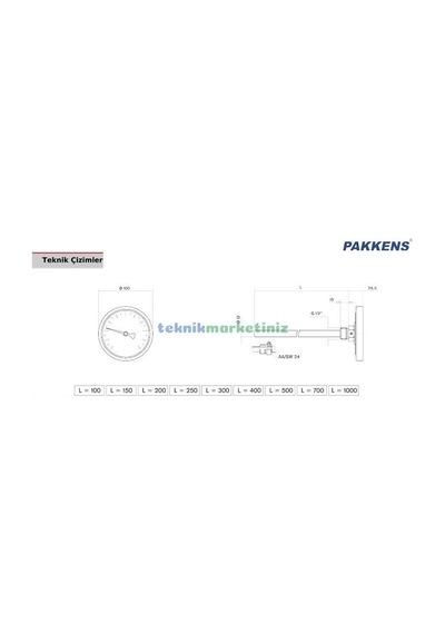 Pakkens 100 MM 500 C Derece 70 Cm Dalma Boylu Taş Fırın Termometresi