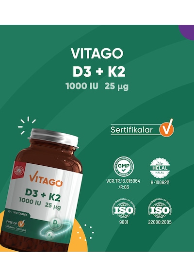 Vitago Vitamin D3 Ve Vitamin K2 İçeren Tablet Takviye Edici Gıda 100 Kapsül