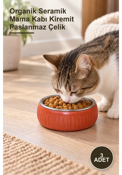 3 Adet Organik Seramik Mama Kabı Kiremit Paslanmaz Çelik