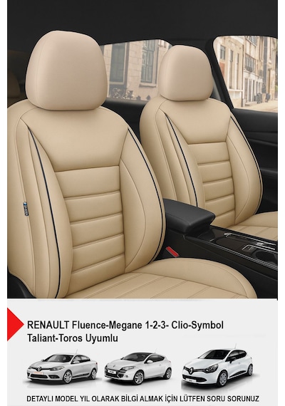 Jet Bej Deri Oto Koltuk Kılıfı Renault Fluence-megan 1-2-3-clio-symbol-taliant-toros Uyumlu Bej