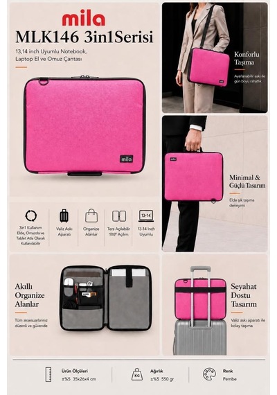 Mila 3in1 Serisi Mlk146 13,14 İnch Uyumlu Tablet, Laptop El Ve Omuz Çantası - Pembe