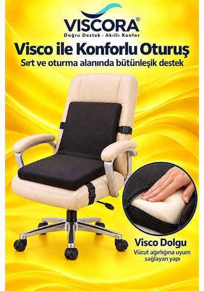 Visco Bel Destek Ve Oturma Minderi Ev, Ofis Ve Araç İçin Tek Parça, Kaymaz Tabanlı Ve Klipsli Siyah