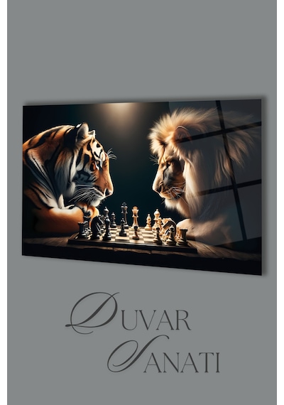 Aslan Ve Kaplan Satranç Cam Tablo Evlika Modern Ev Ofis Salon Hediyelik Büyük Tablo Duvar Dekoru