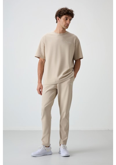Tommy Life Bej Pamuklu Kalın Yumuşak Dokulu Oversize Fit Nakışlı Erkek Eşofman Takım - 85252 Bej