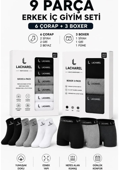 Veraura Lifestyle Erkek 9lu İç Giyim Seti Pamuklu 3 Boxer 6 Çorap Çoklu Paket - Siyah - Füme - Gri - Beyaz Çok Renkli