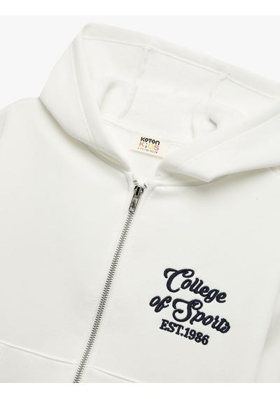 Koton Cepli Uzun Kollu Baskılı Oversize Kapşonlu Fermuarlı Sweatshirt Ekru 7wkg10018ak