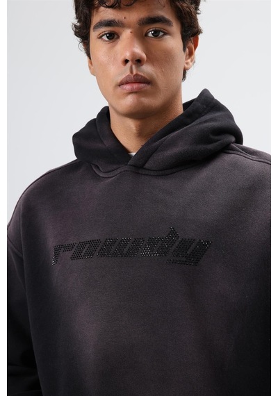 Vamos Oversize Baskılı Yıkamalı Hoodie Siyah