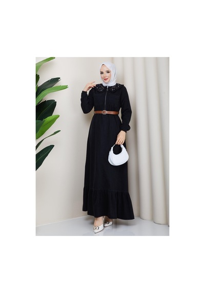 Hb Harma Time Butik Kadın Taş Detaylı Fermuarlı Kemerli Tesettür Kot Siyah Elbise Siyah Siyah Hb Harma Time Butik Kadın Taş Detaylı Fermuarlı Kemerli Tesettür Kot Siyah Elbise Siyah Siyah