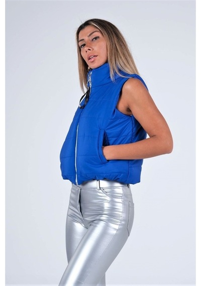 Keyifli Moda Kadın Saks Mavi Dik Yaka Beli Lastikli Cepli Kısa Şişme Yelek