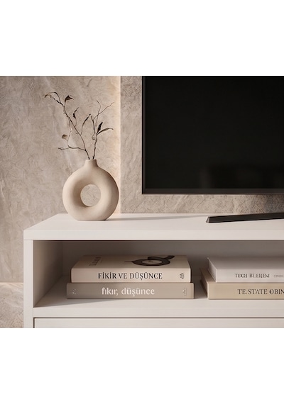Modern Beyaz Tv Ünitesi 120 Cm - Ayaklı Ve Duvara Monte Edilebilir Çift Yönlü Kullanım