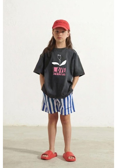 Monila Kız Çocuk Pamuklu Bisiklet Yaka Çiçek Baskılı T-shirt Antrasit