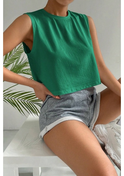Yeşil %100 Pamuk Basic Bisiklet Yaka Süprem Kolsuz T-shirt Yeşil