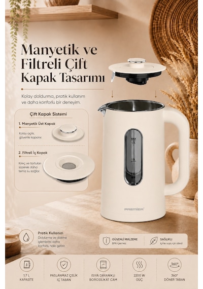 Premier PRK 3218A 1.7 L Isıya Dayanıklı Cam Hazneli Led Işıklı Su Isıtıcısı Kettle
