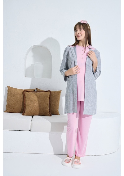 Lohusa Sepeti Lohusasepeti Kapüşonlu Melanj Sabahlıklı Lohusa Pijama Takımı Vişne - 3375 001