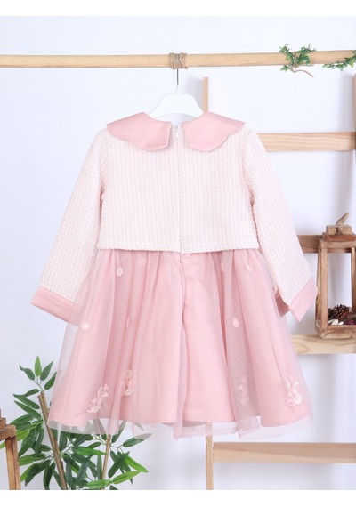Xo Kids Bebe Yakalı Çiçek İşlemeli Tüllü Fiyonklu Kız Çocuk Elbise 3-8 Yaş 4423 Pembe