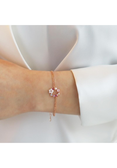 İnci Ve Çiçek Motifli Rose Gold Kaplama Gümüş Bileklik Gümüş