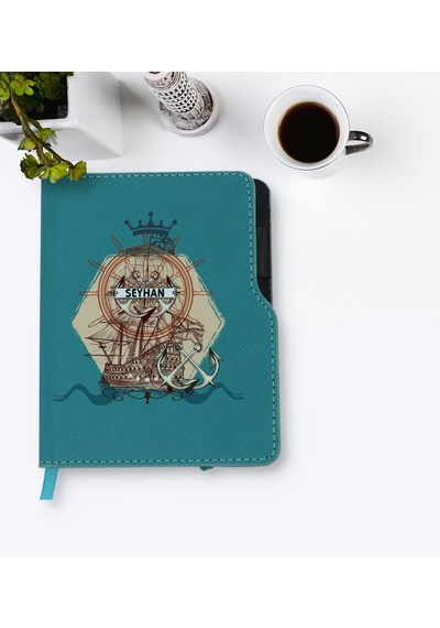 Kişiye Özel Gemi Tasarımlı Turkuaz Termo Deri Defter-4 Turkuaz