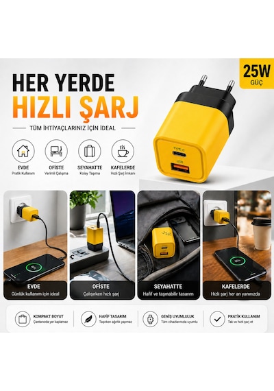 25w Hızlı Şarj Adaptörü Type-c + Usb Çift Girişli Akıllı Şarj Başlığı Kompakt Tasarım