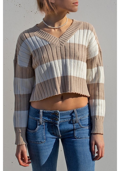 Madmext Bej V Yaka Çizgili Crop Kadın Kazak Mg1441 - Bej
