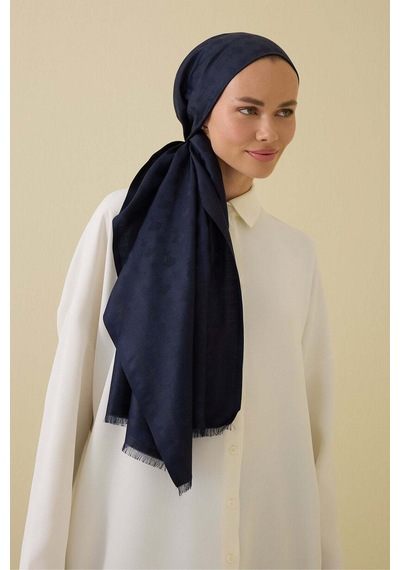 Imannoor Karanfil Monogram Koyu Mavi İpek Şal 68x200 Dark Blue