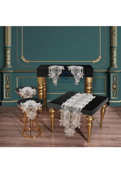 Salon Takımı 5 Parça Dantelli Masa Örtüsü Runner Seti Çeyizlik Zarif Model No 96801 Krem Çok Renkli