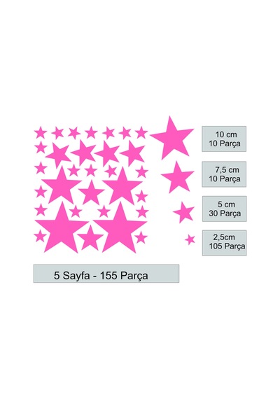 Bebe Pembe Renginde Yıldız Duvar Sticker 2,5-5-7,5-10cm Karışık Ebatlarda - 155 Adet