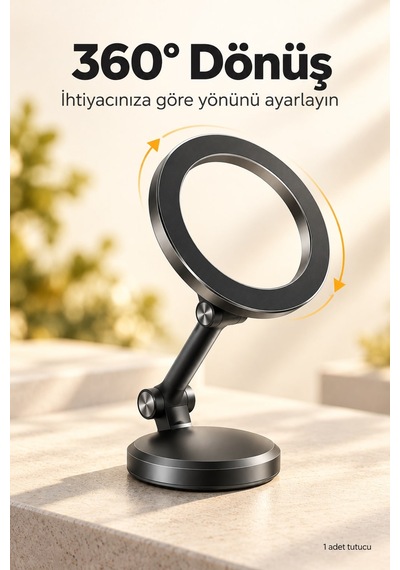 Katlanır 360 Derece Dönen Manyetik Araç Telefonu Tutacağı Siyah Tüm Telefonlarla Uyumlu Stand
